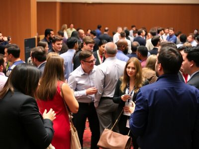 Antreprenori moderni la un eveniment de networking energic.