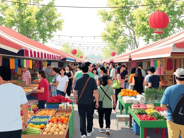 Scenă animată a pieței locale cu comercianți și cumpărători.