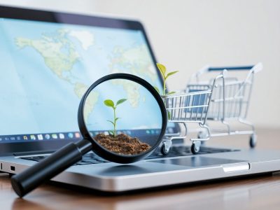 Hartă, lupă, calculator, coș cumpărături, succes afaceri online.